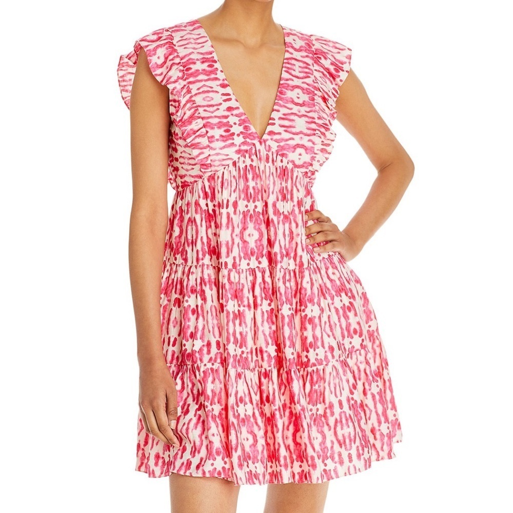 AQUA Printed Pink / White V Neck Dress